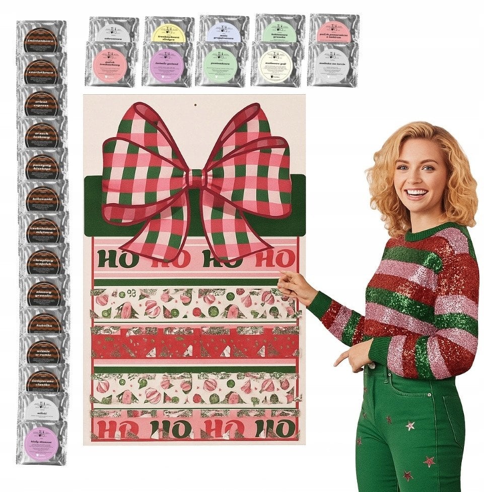 KALENDARZ ADWENTOWY Z KAWĄ I HERBATĄ - 24 różne smaki kaw aromatyzowanych i herbat sypanych w saszetkach, prezent upominek na mikołaja święta dla kobi