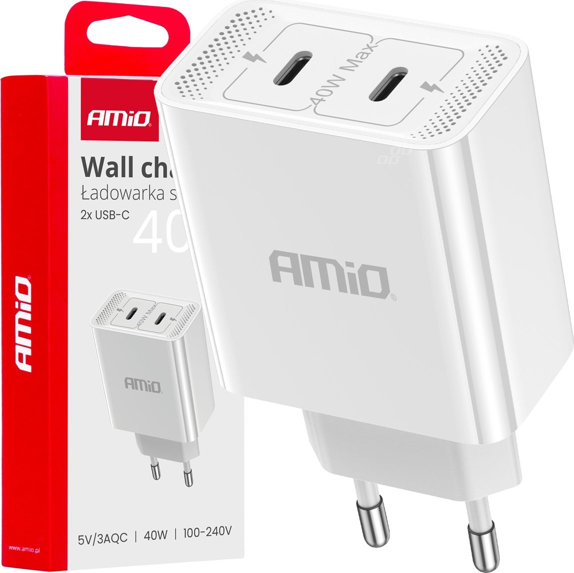 Ładowarka AMiO Ładowarka sieciowa 230v 2x usb-c 40w amio-03892