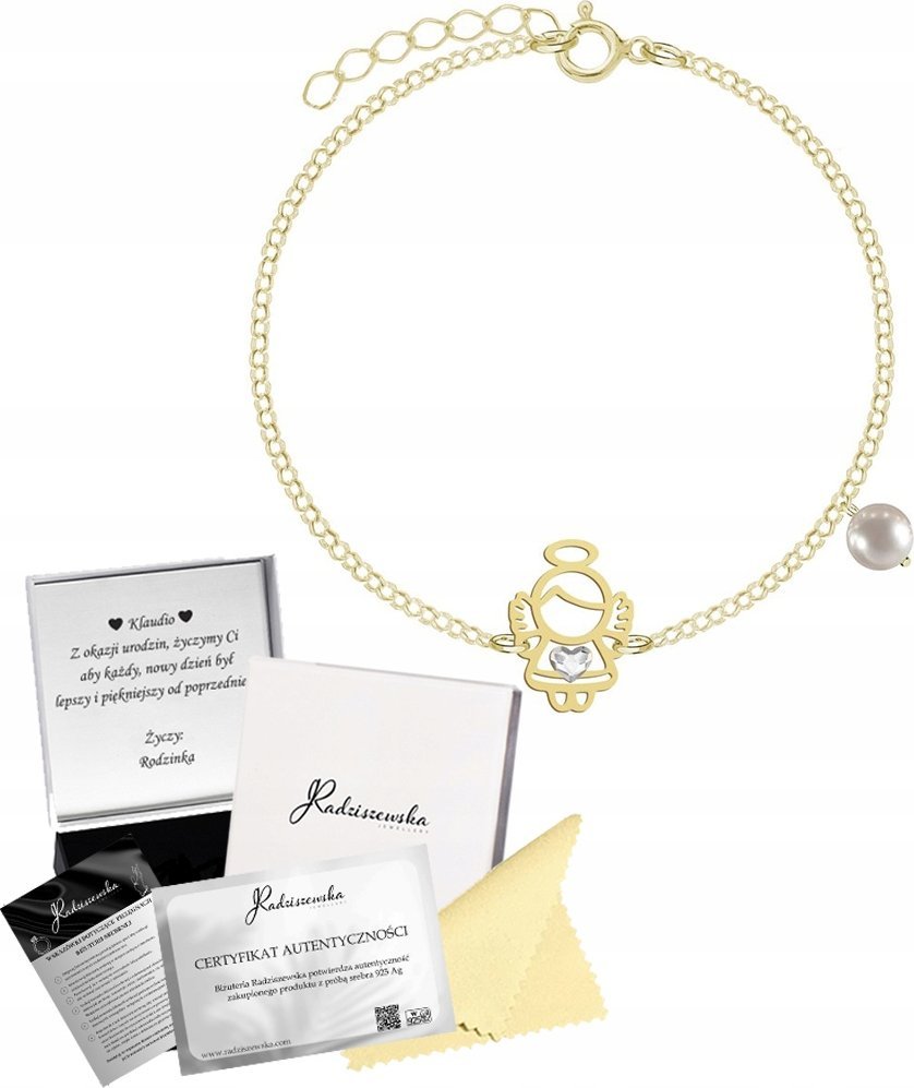 Radziszewska Jewellery Bransoletka na KOMUNIĘ z Aniołkiem Łańcuszek Perła Prezent DEDYKACJA GRATIS