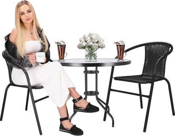 Springos Meble tarasowe dla dwóch osób: stolik kawowy z bezbarwnego szkła hartowanego, 2 krzesła metalowe do ogrodu czarne UNIWERSALNY