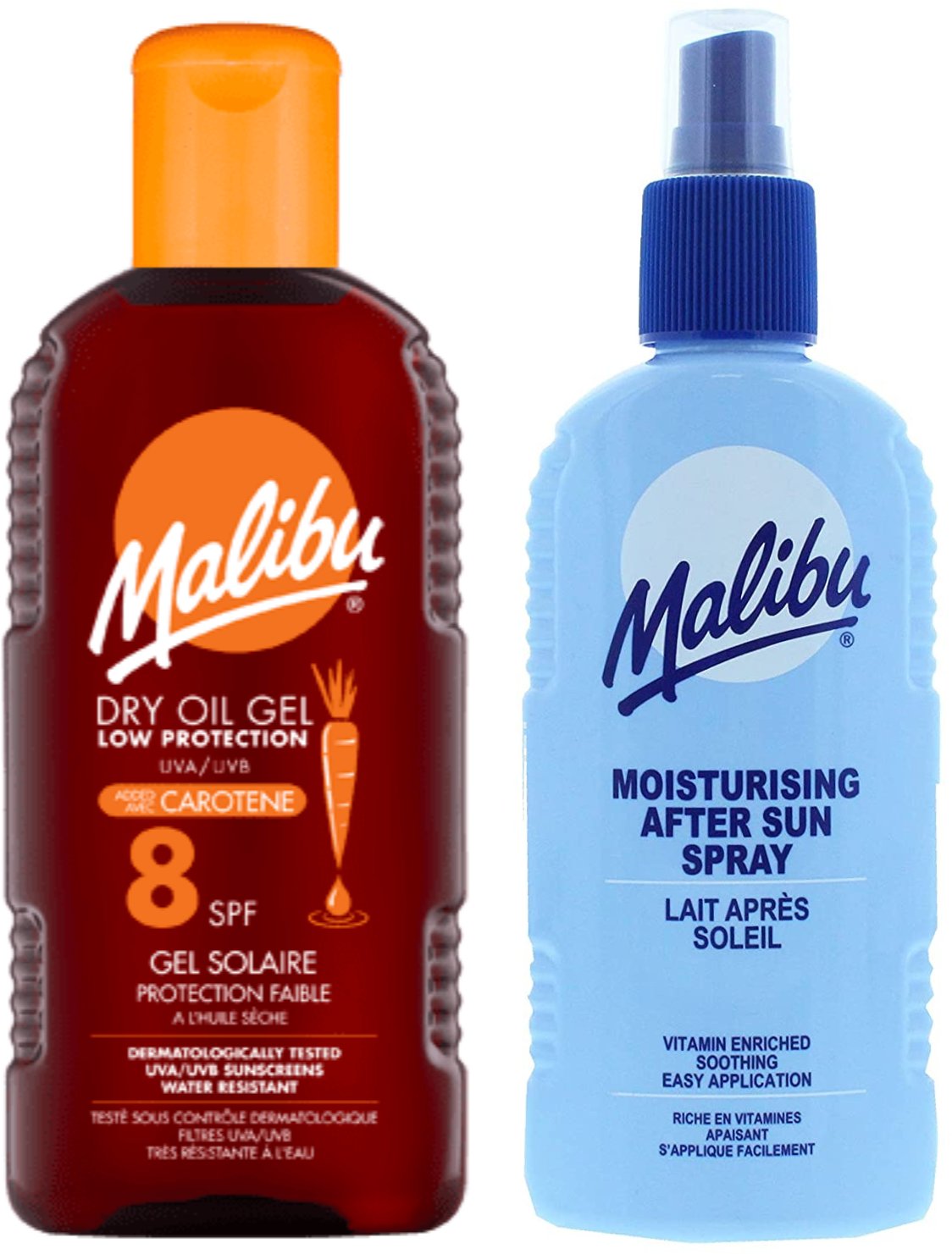 Malibu Suchy Żel Z Karotenem SPF8 200ml + Balsam W Sprayu Po Opalaniu 200ml