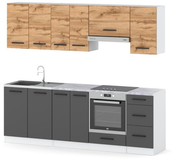 Meble Kuchenne Nowoczesna Blat 2.4m Modułowa Pojemna Biała Dąb Wotan Szary