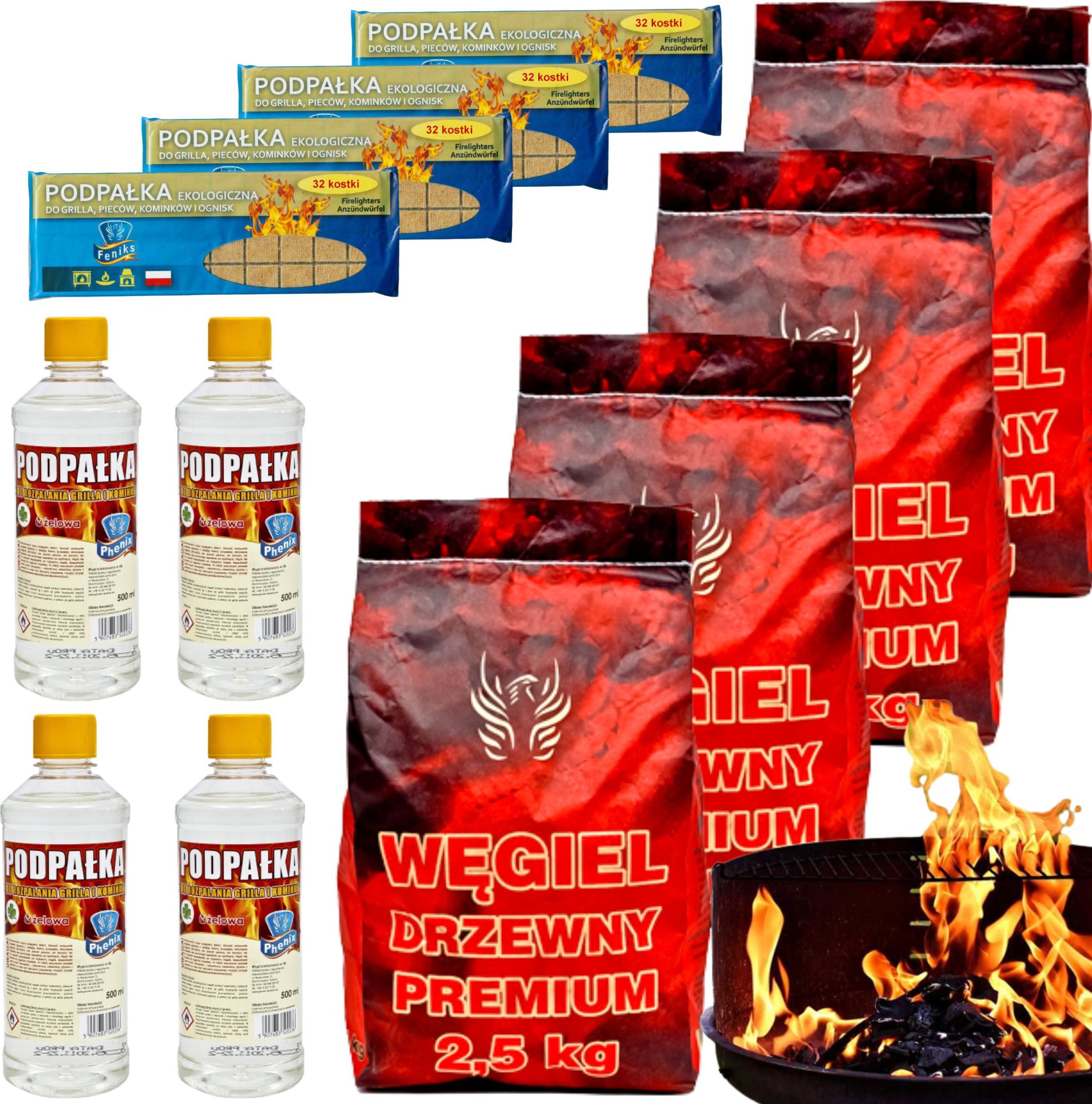 Feniks Węgiel drzewny 10kg, Podpałka do rozpalania grilla Komplet grillowy