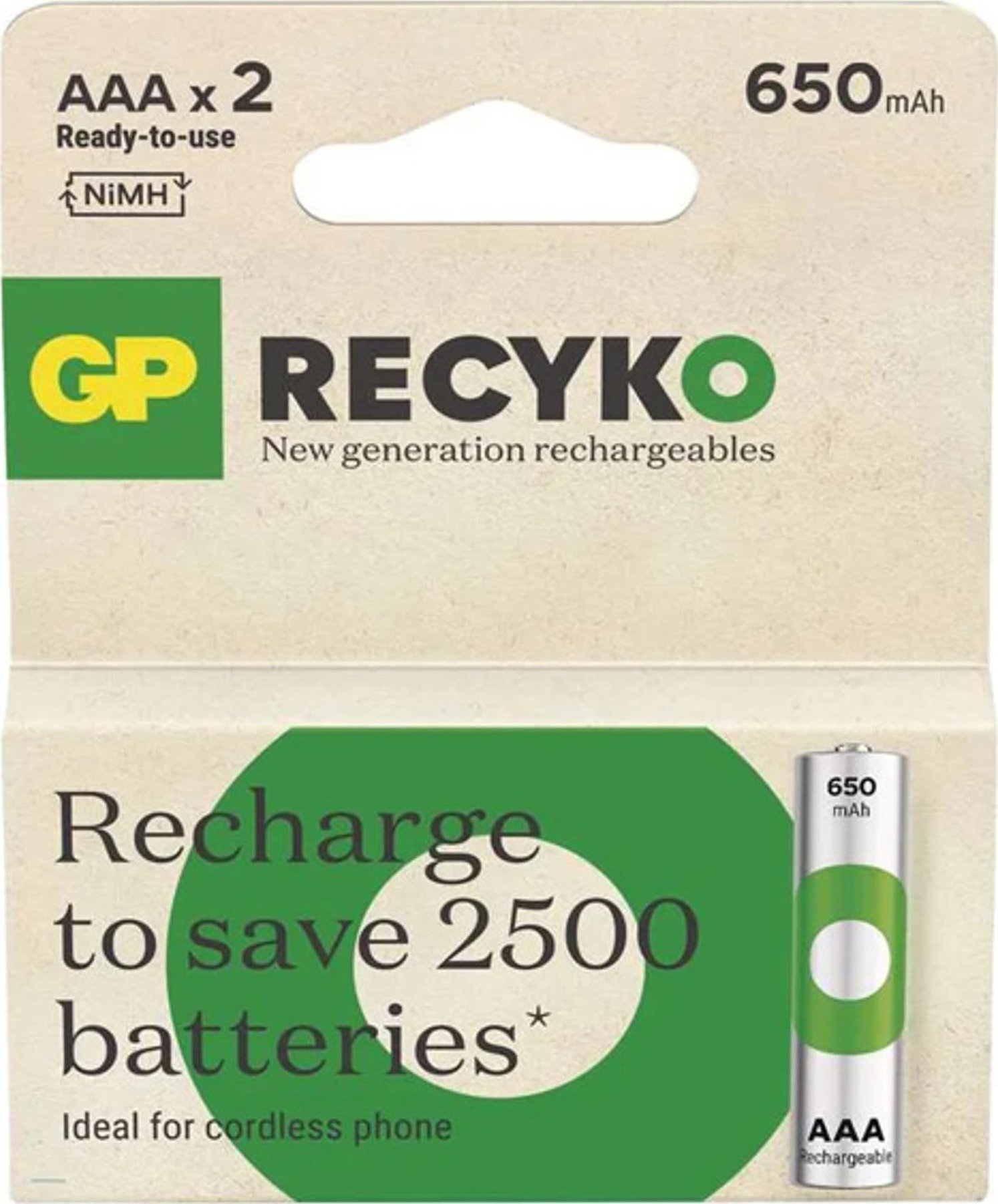 GP Akumulatorki, AAA (HR03), 1.2V, 650 mAh, , kartonik, 2-pack, ReCyko