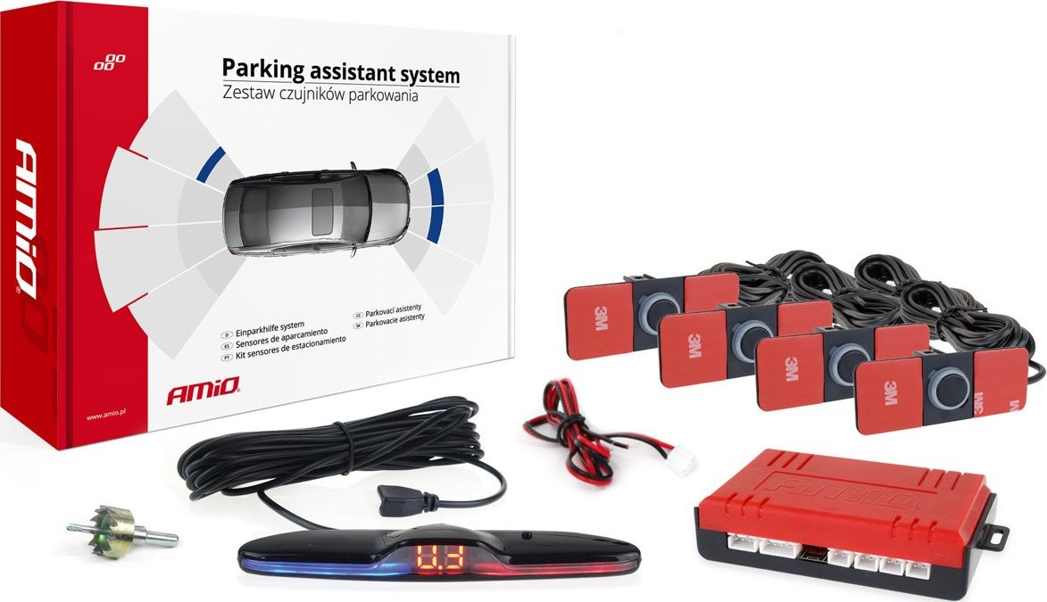 AMiO Zestaw czujników parkowania cofania max led 4 sensory czarne wewnętrzne 16,5mm