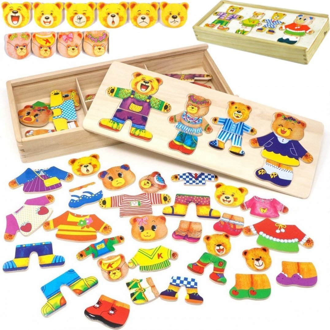 LUXMA Drewniana skrzynka układanka klocki 74 el. misie 2210