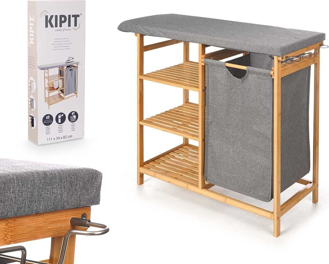 Kipit Bambusowa szafka z deską do prasowania i koszem na pranie BAMY, 111 x 34 x 82 cm