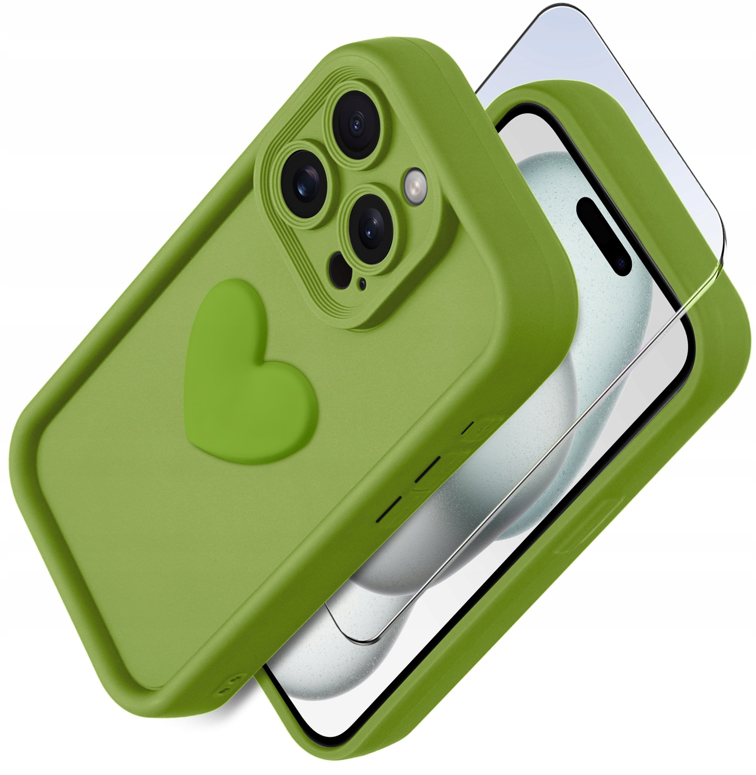 Etui do iPhone 15 Pro silikonowe MATOWE serce + Szkło ochronne na ekran 9H