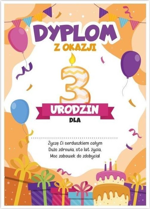LearnHow Dyplom A5 urodzinowy - trzecie urodziny 5szt