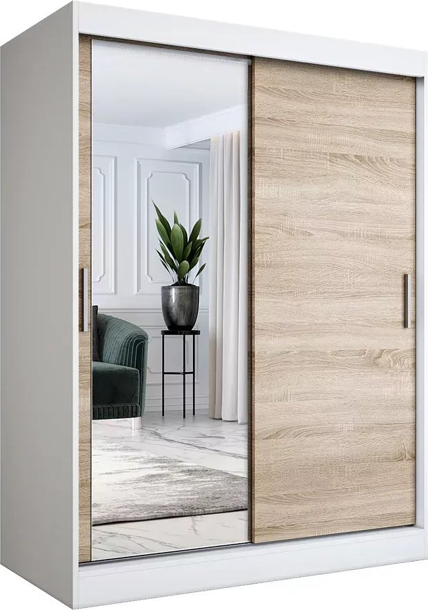 Elior Szafa przesuwna z lustrem 150 cm biel + dąb sonoma - Lenora 4X