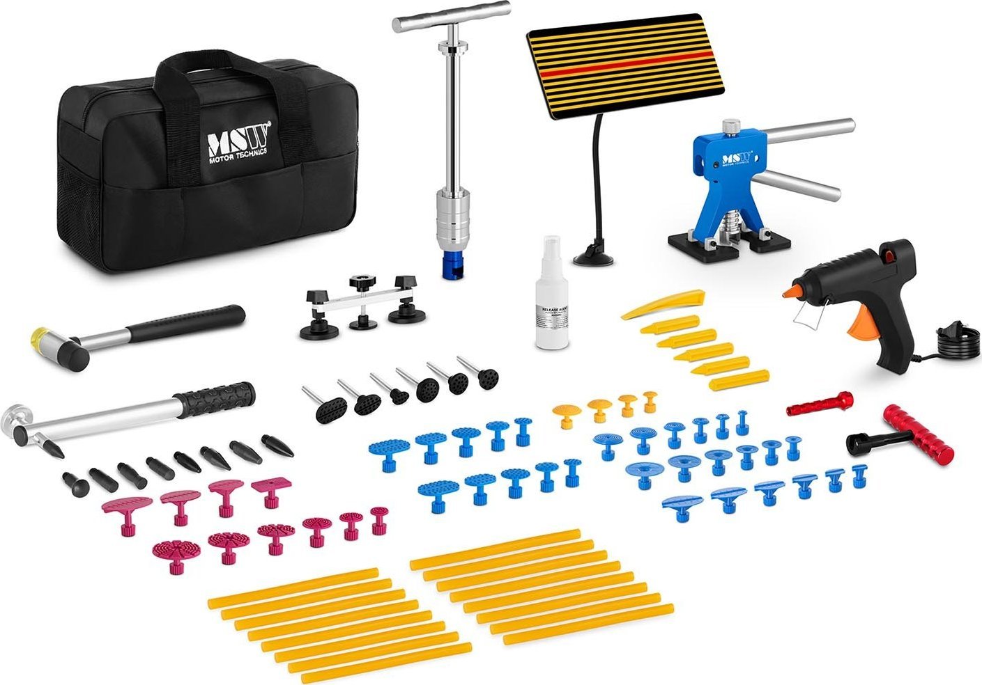 MSW Zestaw naprawczy PDR do usuwania wyciągania wgnieceń w karoserii PROFI - 90 elementów Zestaw naprawczy PDR do usuwania wyciągania wgnieceń w karos