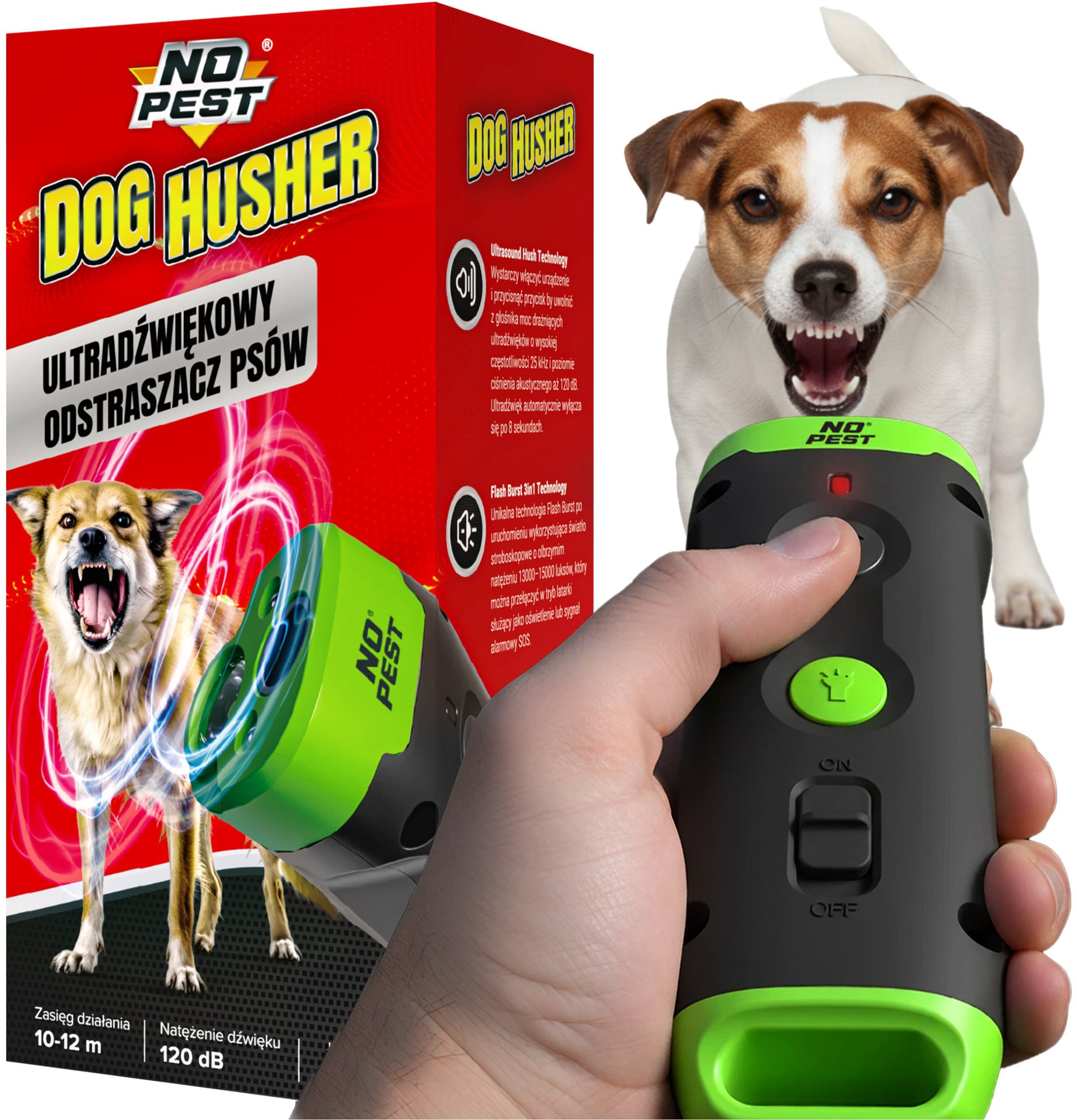 Ultradźwiękowy Odstraszacz Psów "Dog Husher" Odstraszający Dźwiękiem Światłem Stroboskopowym Alarmem Odstraszacz na Psy Przeciw Psom