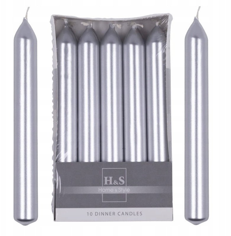 Świeca stołowa prosta DONAU HOME, lakierowana, 20x170 mm, 10 szt., srebrna