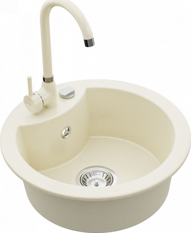 Zlewozmywak Mexen Diego granitowy 1-komorowy z baterią kuchenną Telma, beżowy - 6512-69-670200-69