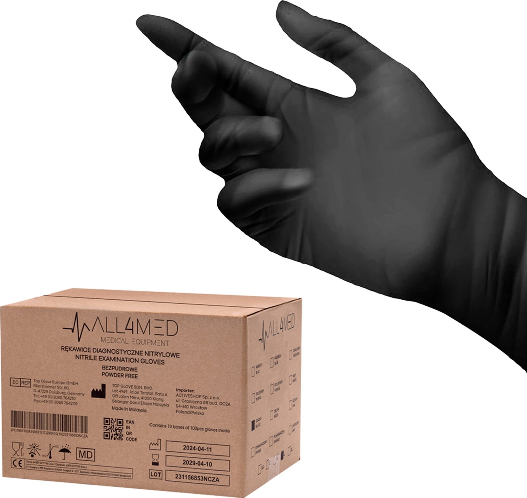 Activeshop All4med jednorazowe rękawice diagnostyczne nitrylowe czarne L 10 x100szt