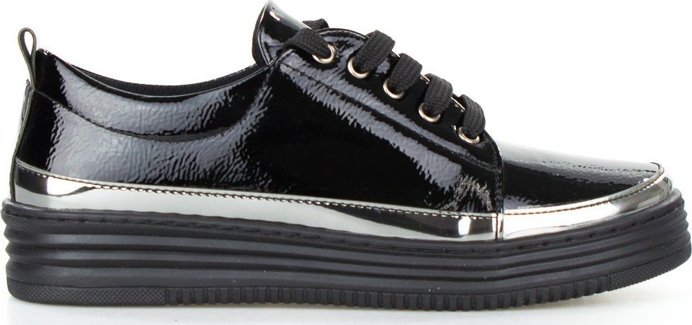 W. Potocki Tenisówki na platformie lakierowane ze srebrną wstawką czarne-40
