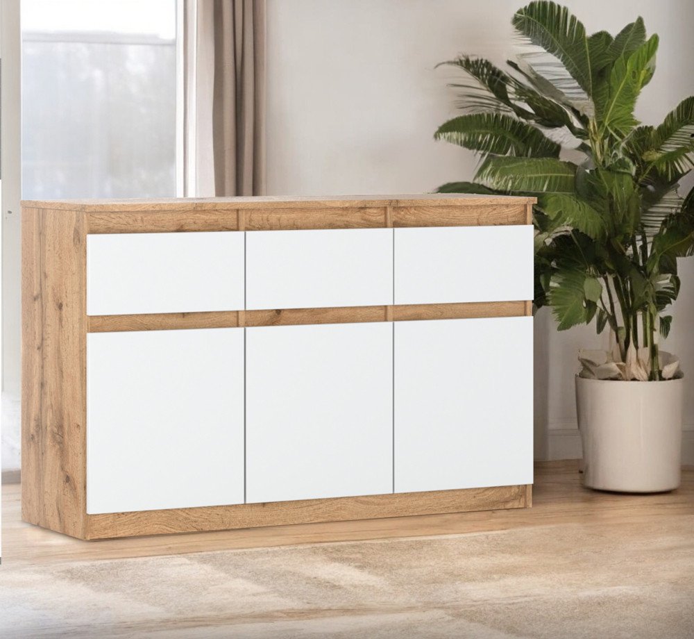 Komoda Biała Drewniana Nowoczesna 120cm 3 Szuflady Szafka Rtv Dąb Wotan