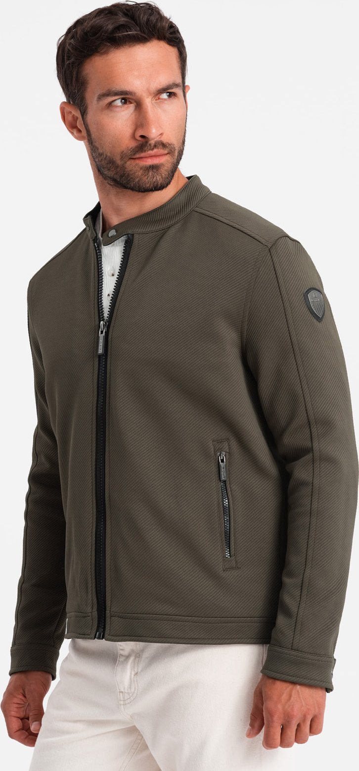Kurtka męska Ombre Kurtka męska BIKER ze strukturalnej tkaniny - ciemnooliwkowa V1 OM-JANP-0138 S