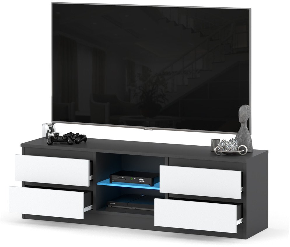 Szafka Stolik Do Salonu Rtv Quattro 4 Szuflady 138cm Pojemna Szara Biała