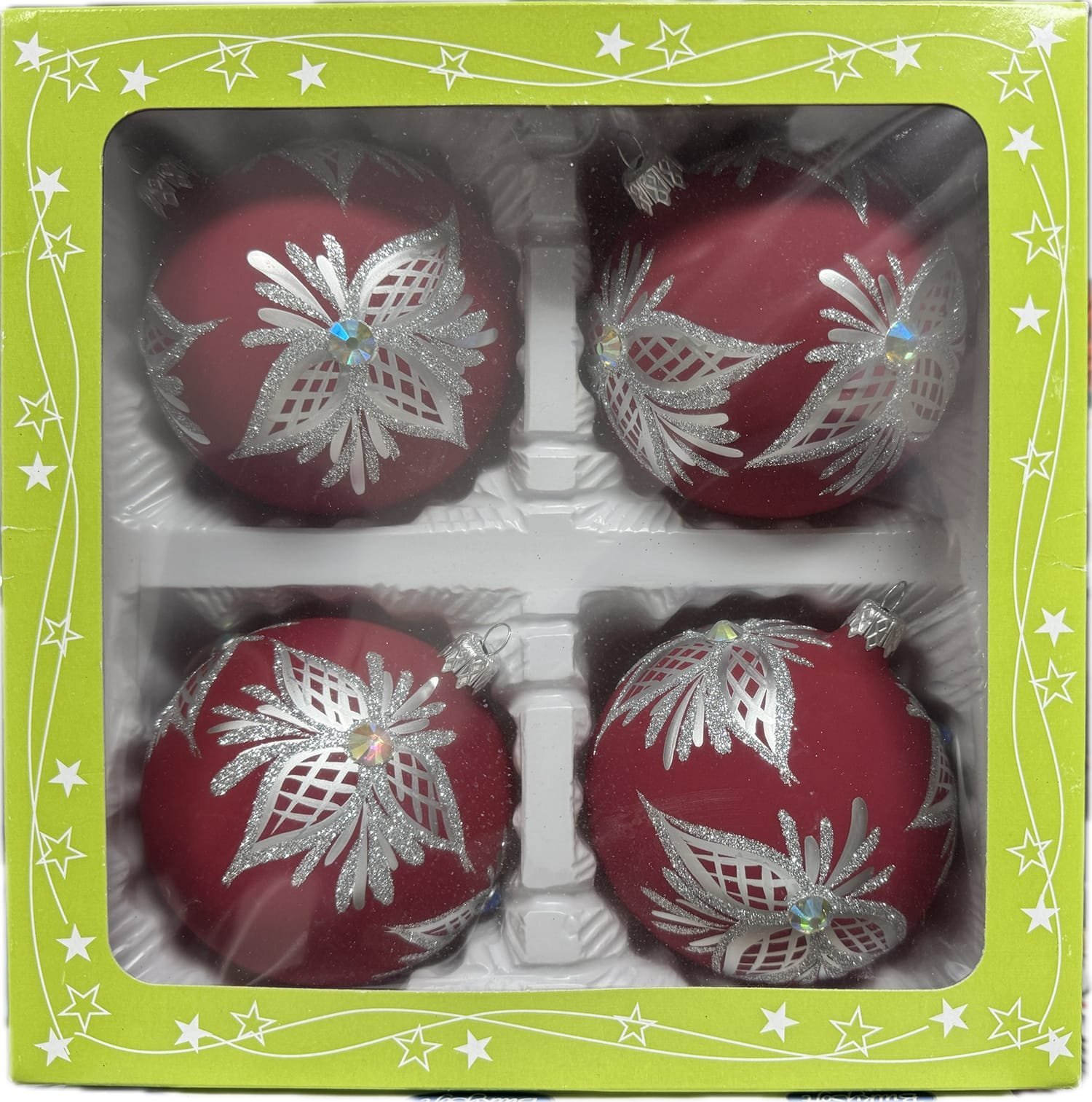 P.O.Ch. s.c. Grześkowiak Bombki szklane 10cm 4 sztuki Ręcznie zdobione. Produkt polski (bordowy mat)