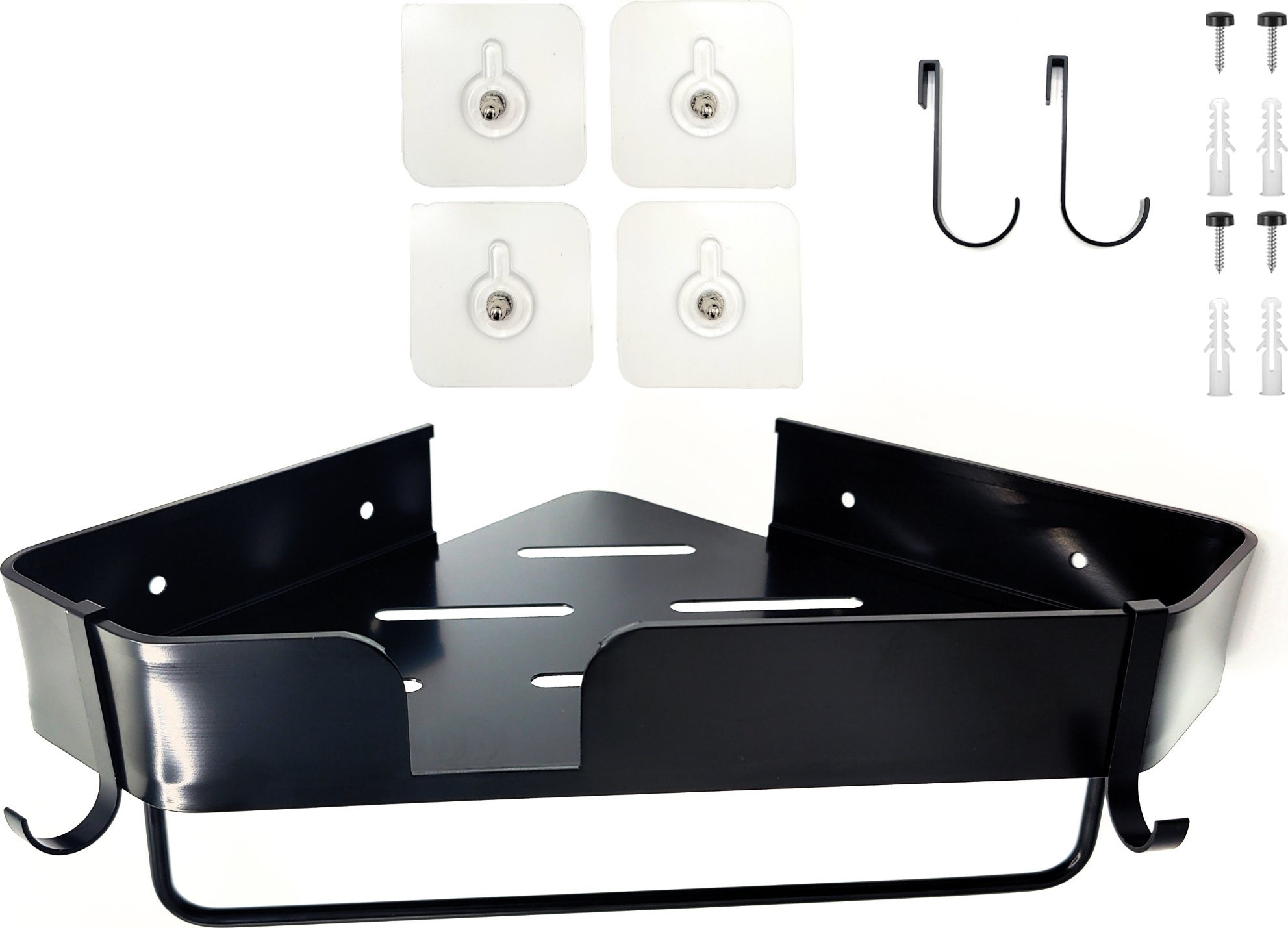 SHOPUJ.PL NAROŻNA PÓŁKA ŁAZIENKOWA UCHWYT NA RĘCZNIK HACZYKI CZARNA METALOWA