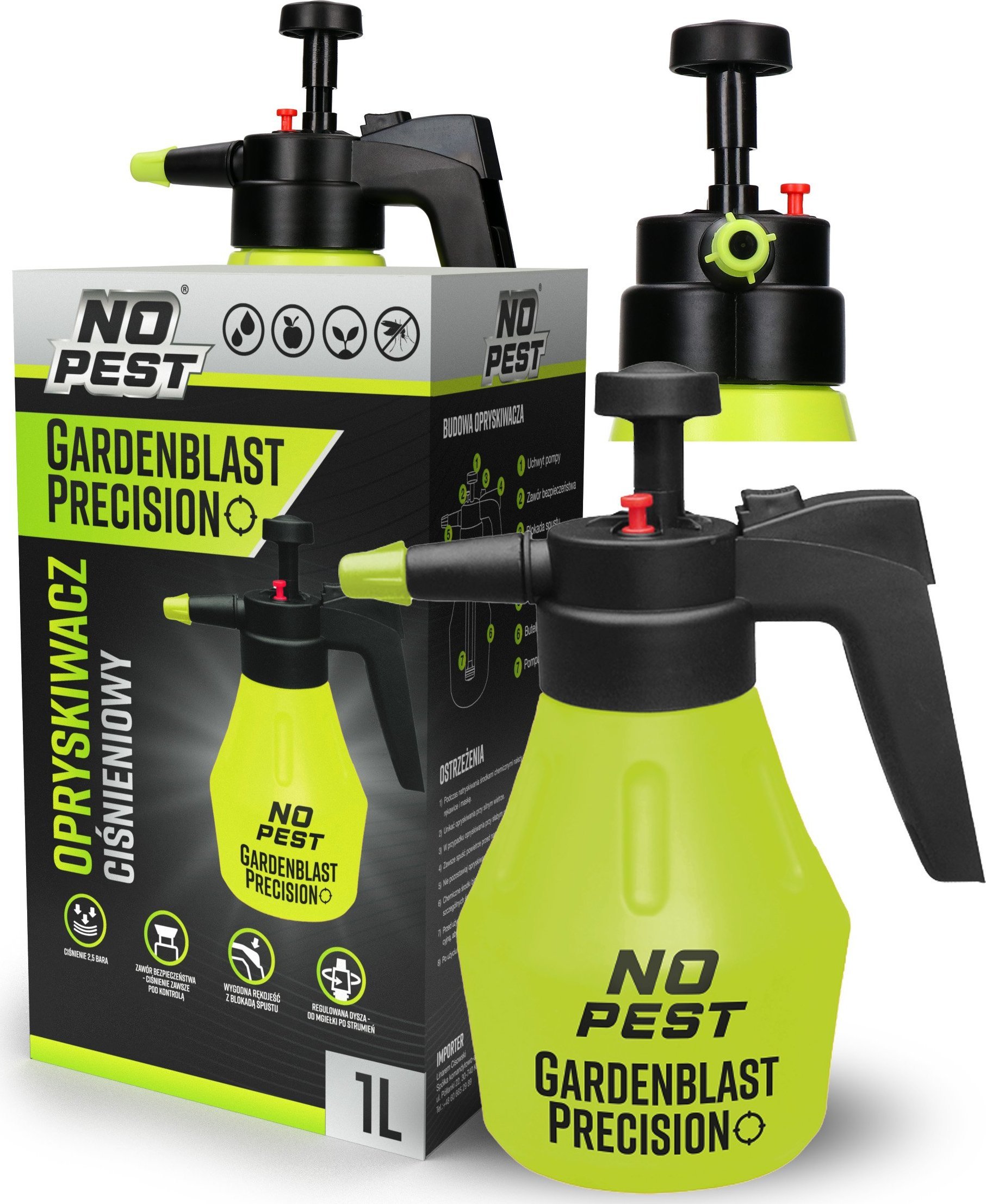 NO PEST Opryskiwacz Ciśnieniowy Ręczny Ogrodowy 1L Spryskiwacz Opryskiwacz z Regulowaną Dyszą