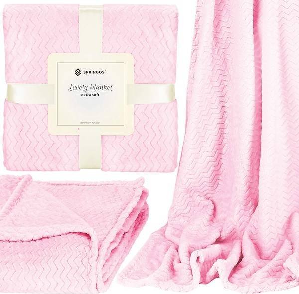 Springos Narzuta na łóżko, pled 200x220cm tłoczony, dwustronny koc na kanapę różowy UNIWERSALNY