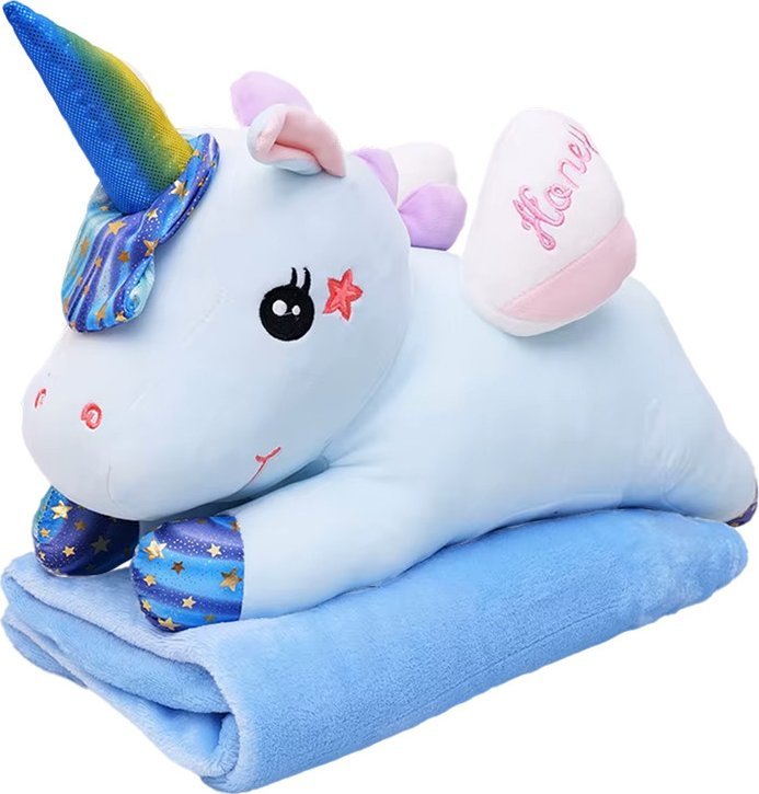 ECONOMY MASKOTKA PLUSZAK DUŻA 3W1 PODUSZKA Z KOCEM JEDNOROŻEC NIEBIESKI