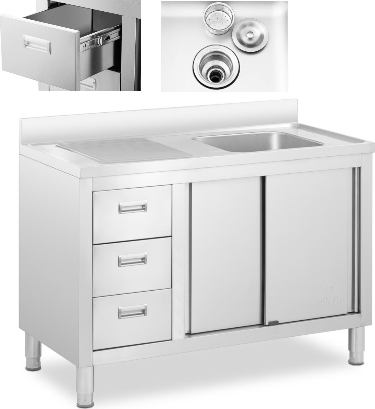 Royal Catering Zlew basen gastronomiczny jednokomorowy z szafką z drzwiami przesuwnymi szufladami stalowy 120 x 60 x 94 cm Zlew basen gastronomiczny j