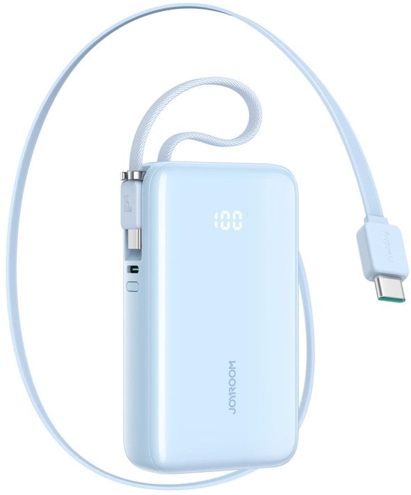 Powerbank Joyroom JR-PR2L 10000mAh 35W z wbudowanym zwijanym kablem USB-C i kablem-smyczą USB-C - niebieski