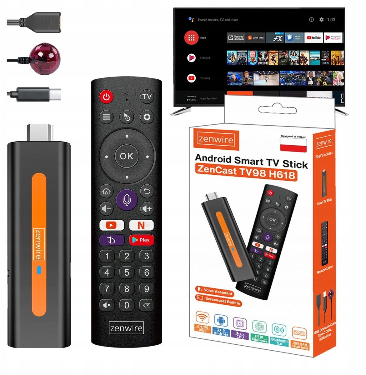Odtwarzacz Multimedialny Przystawka Android 14 Smart TV Stick Box WiFi 2/16 ZENWIRE TV98 H618