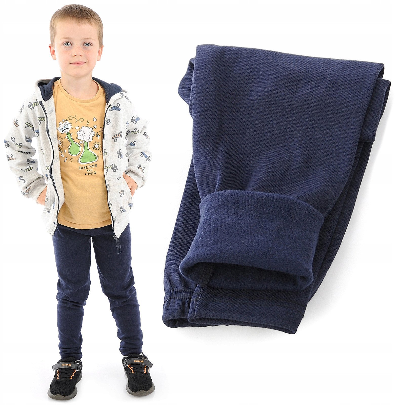 Ocieplane elastyczne Legginsy chłopięce Bawełniane Spodnie Granatowe 140