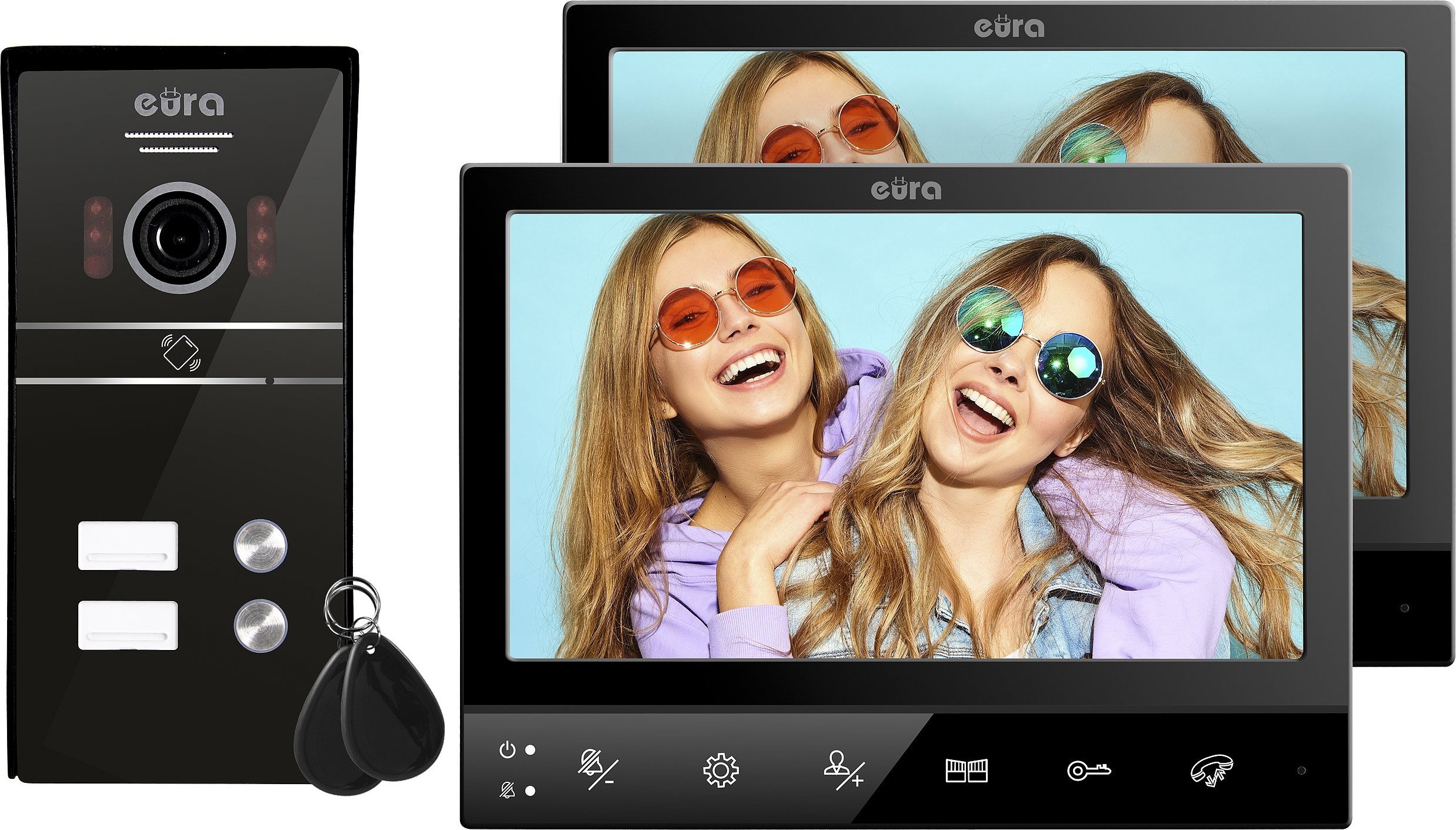 Eura Wideodomofon EURA VDP-80C5 - dwurodzinny, czarny, 2x LCD 7'', FHD, obsługa 2 wejść, kamera 1080p., czytnik RFID, natynk
