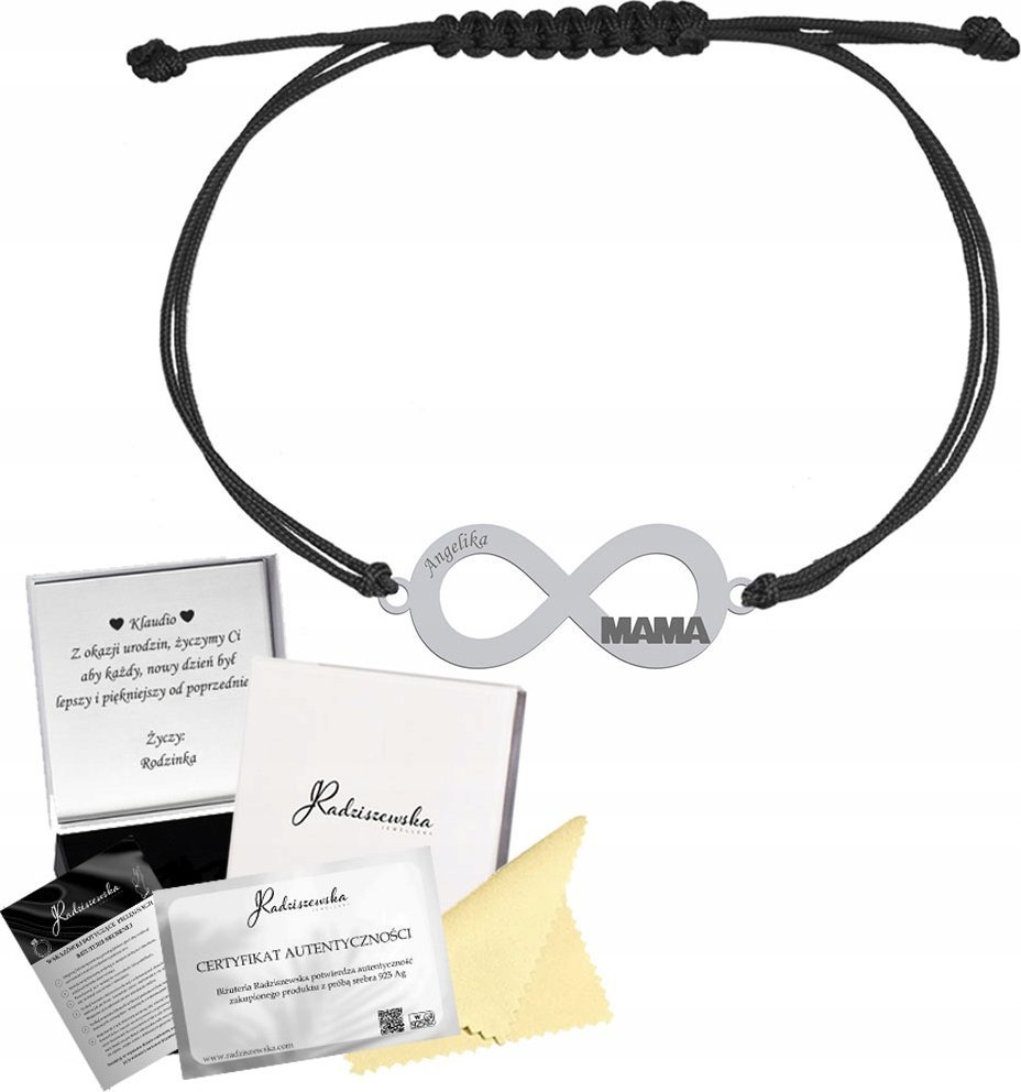 Radziszewska Jewellery Bransoletka Srebrna dla Mamy Nieskończoność Srebro 925 Grawer Sznurek