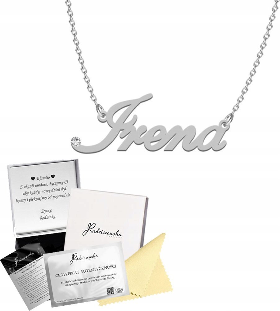 Radziszewska Jewellery Naszyjnik Srebrny z imieniem IRENA Łańcuszek SREBRO 925 Prezent Dedykacja