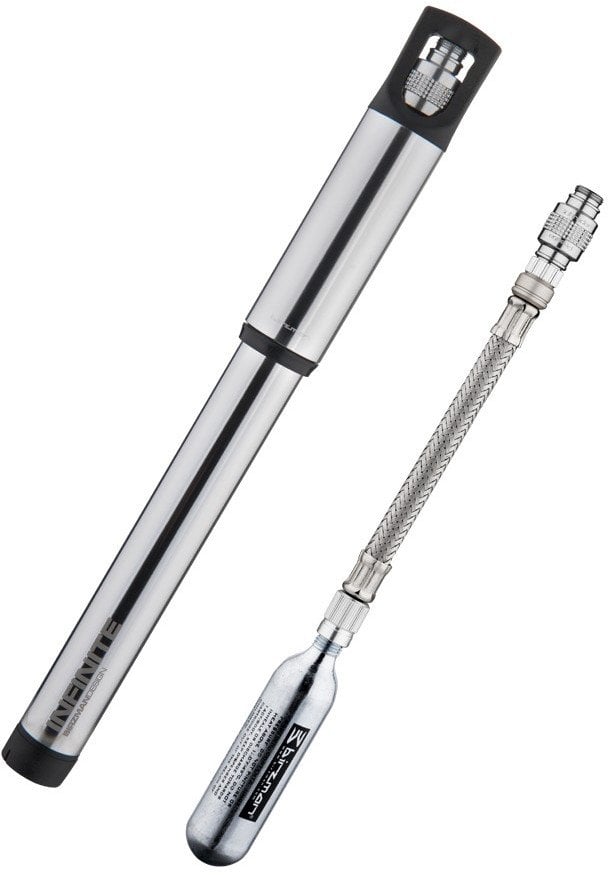 Pompka ręczna BIRZMAN Infinite Road with CO2 (Presta/Schrader), 160psi/11bar, Długość 255mm, CNC, Srebrna, Naboje CO2 2x16g (NEW)