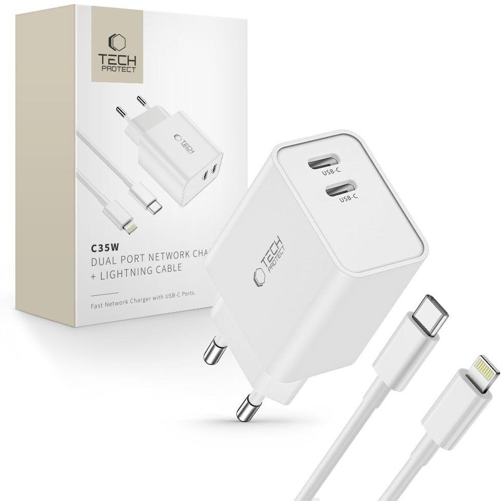 Ładowarka sieciowa C35W 2x USB-C z kablem USB-C - iPhone Lightning - biała Tech-Protect
