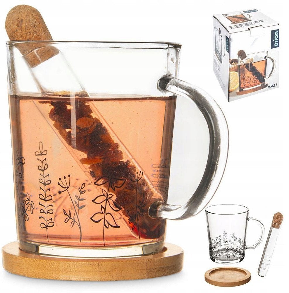 Kubek szklany z zaparzaczem i podstawką bambusową rośliny zestaw 3 el. 400 ml