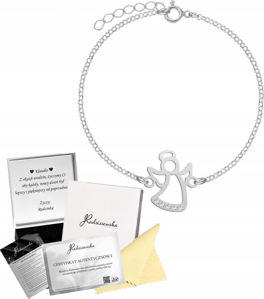 Radziszewska Jewellery Bransoletka Srebrna z Aniołem 925 Prezent Boże Narodzenie ŻYCZENIA GRATIS