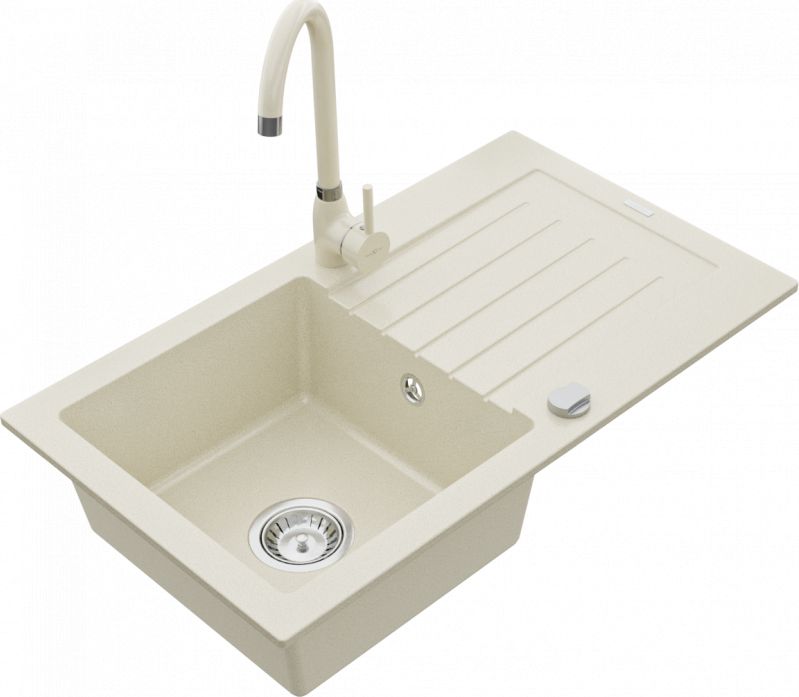 Zlewozmywak Mexen Pablo granitowy 1-komorowy z ociekaczem i baterią kuchenną Telma, beżowy - 6510-69-670200-69