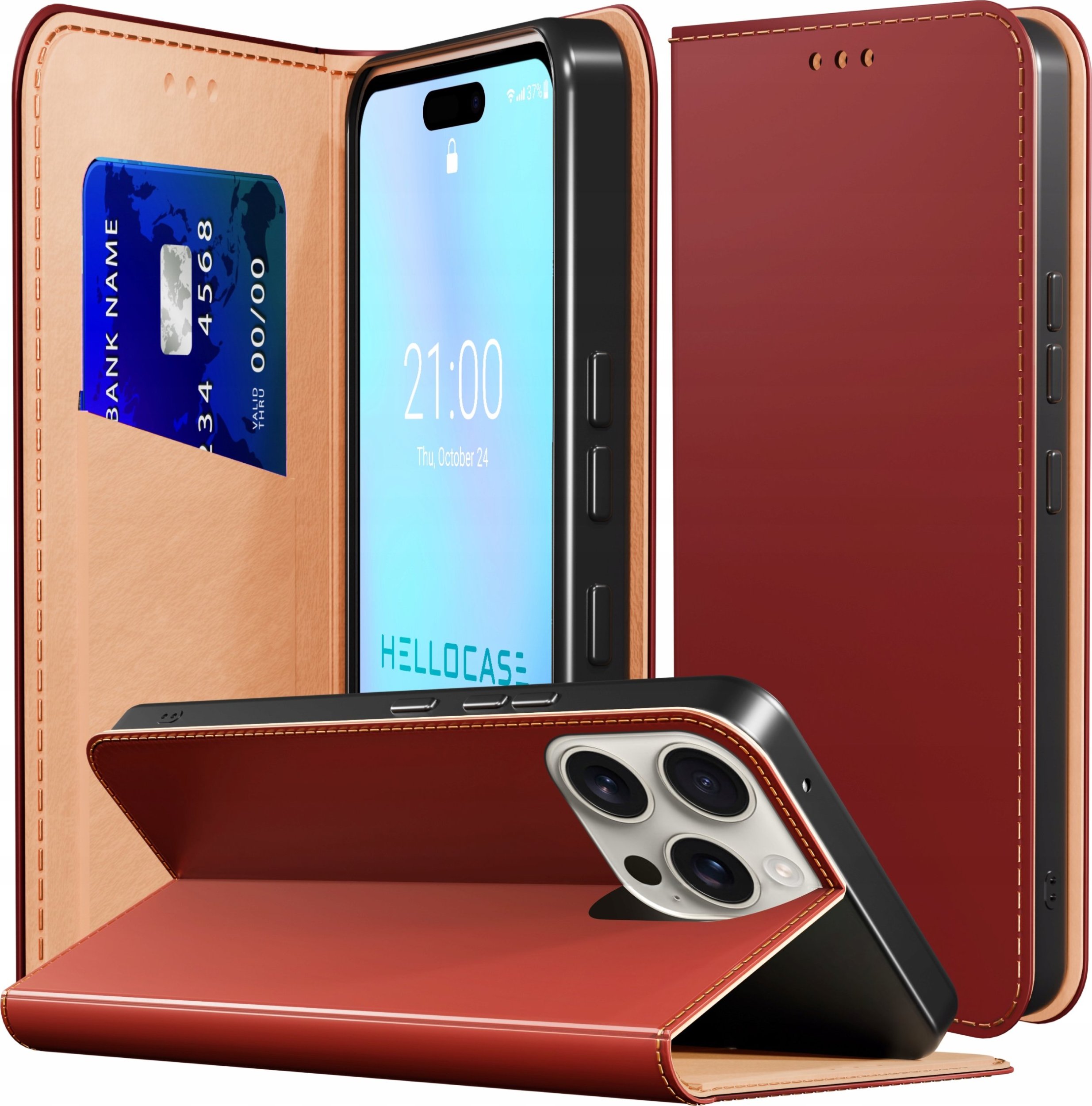 Etui z Klapką do Apple iPhone 16 Pro (Skórzane, Zamykane, Bordowe, Case)