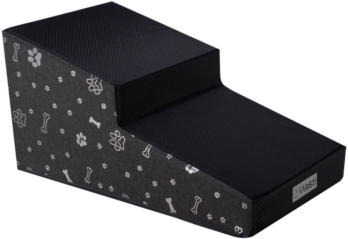 Schody dla psa Welsti 30cm 2 pochylne stopnie ciemny szary ze srebrnym nadrukiem wejście z czarnej tkaniny antypoślizgowej
