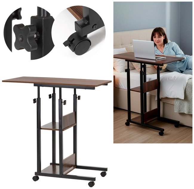 Biurko Springos Stolik na kółkach regulowany 76-86 cm biurko mobilny pod laptopa ciemno-brązowy uniwersalny