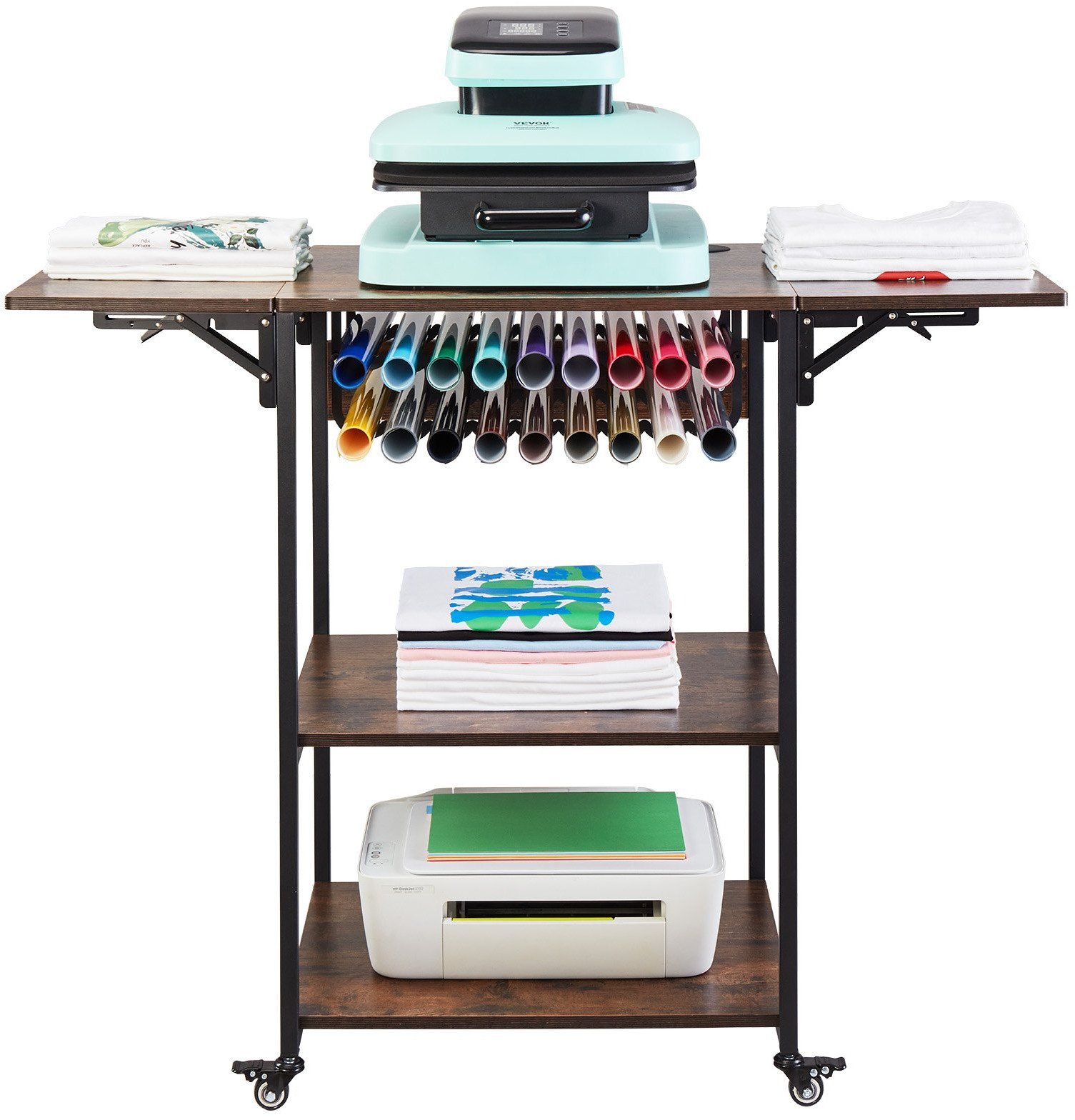 Stół do prasy termicznej 3-poziomowy mobilny stojak brązowy