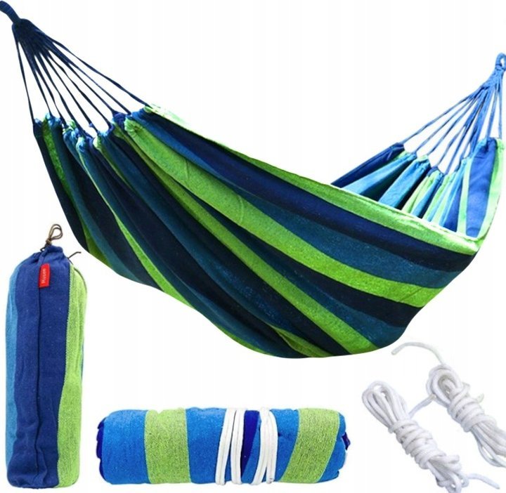 Hamak ogrodowy mocny duÅ¼y turystyczny z drÄÅ¼kiem 260x150 zielono-niebieski