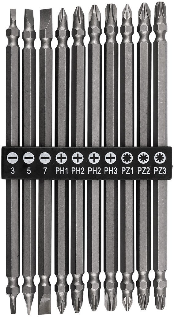 Zestaw długich bitów dwustronnych: SL3 /5/7, PH1 /2 /2 /3, PZ1/2/3 x 150 mm, 10 szt.