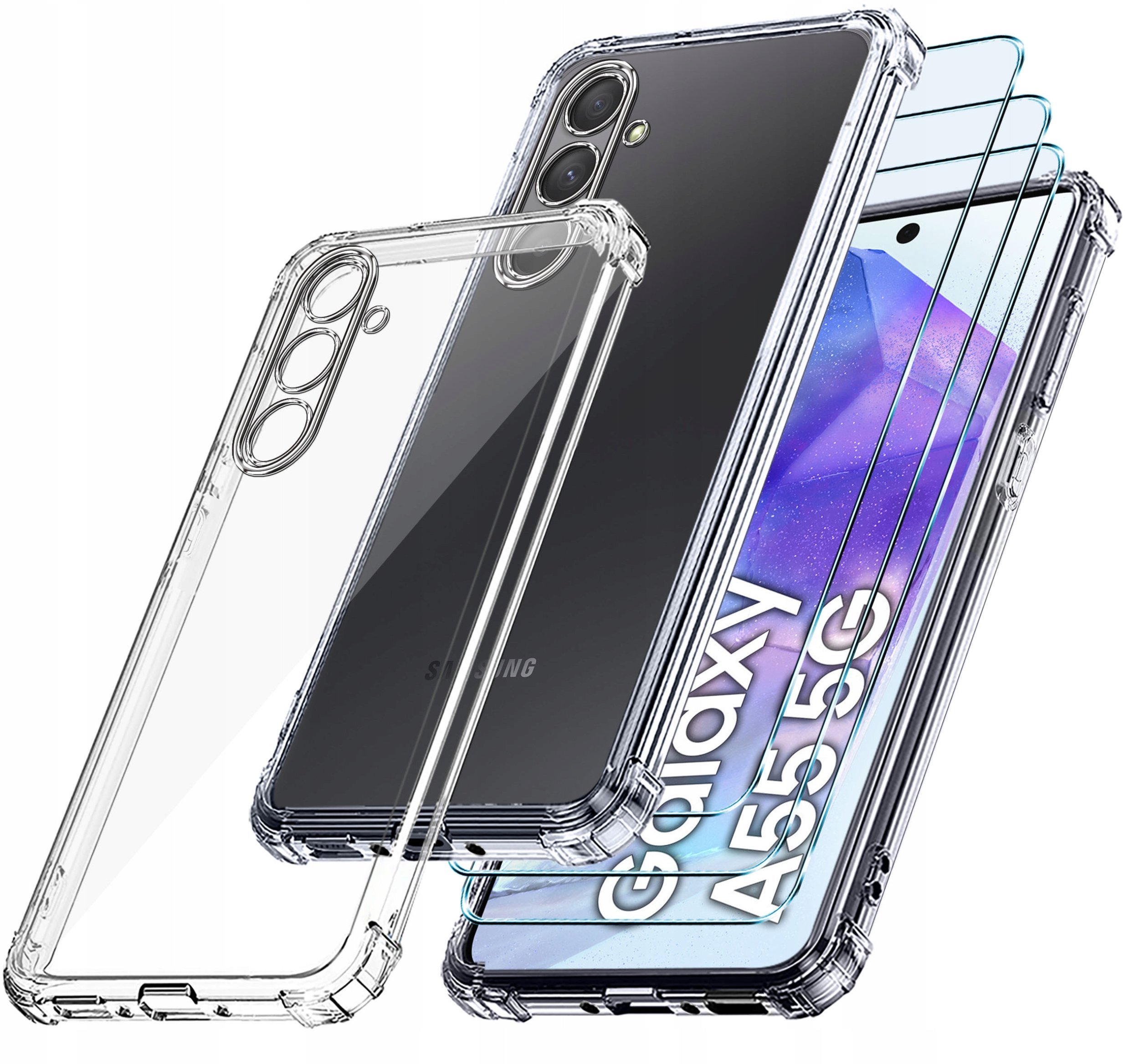 ZESTAW Etui do Samsung A55 5G ANTI-SHOCK CLEAR WZMACNIANE + 3 SZTUKI SZKŁO