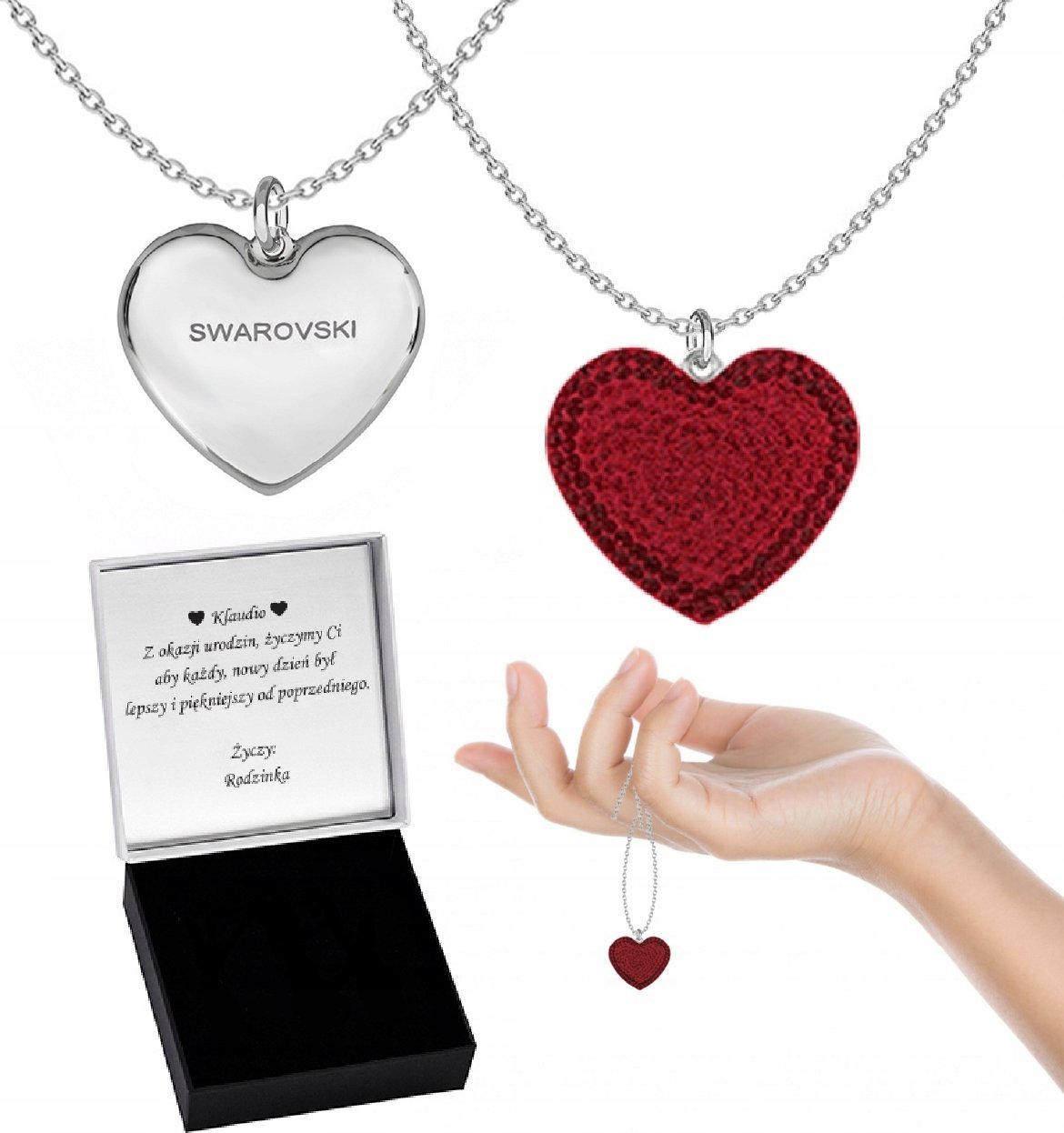 Radziszewska Jewellery Naszyjnik Srebrny z Sercem Kryształy Prezent 925 ŻYCZENIA Dzień Matki