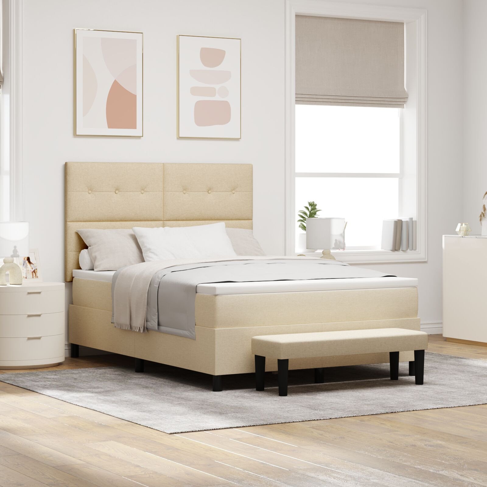 vidaXL Łóżko sprężynowe z materacem i ławką Kremowe 140x190 cm Tkanina