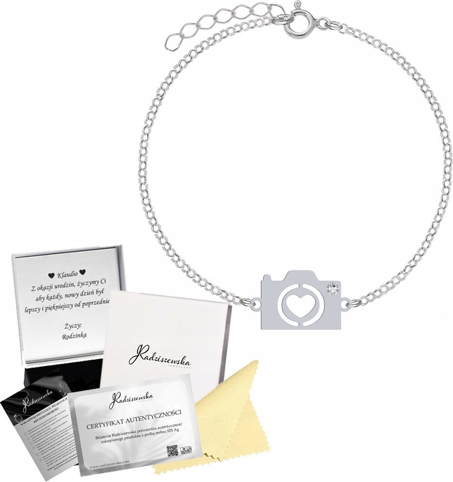 Radziszewska Jewellery Bransoletka Aparat Fotograficzny Łańcuszek SREBRO 925 DEDYKACJA GRATIS